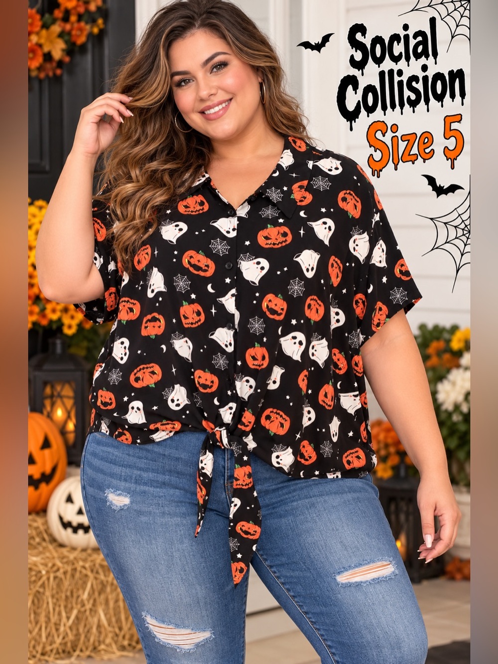Social Collision Size 5 Halloween Ghost Pumpkin Tie Front Button Up semi cropped